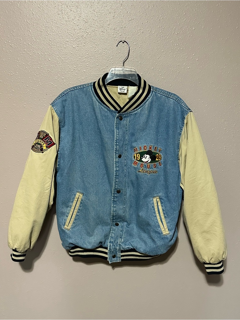 Vintage Disney Store Mickey Mouse 1928 League Varsity Denim Jacket Adult-XL
